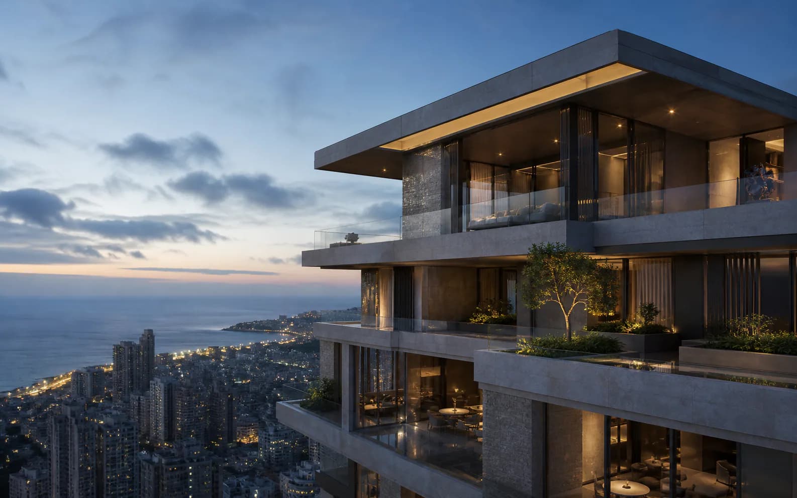 Sky Pavilion exterior at blue hour